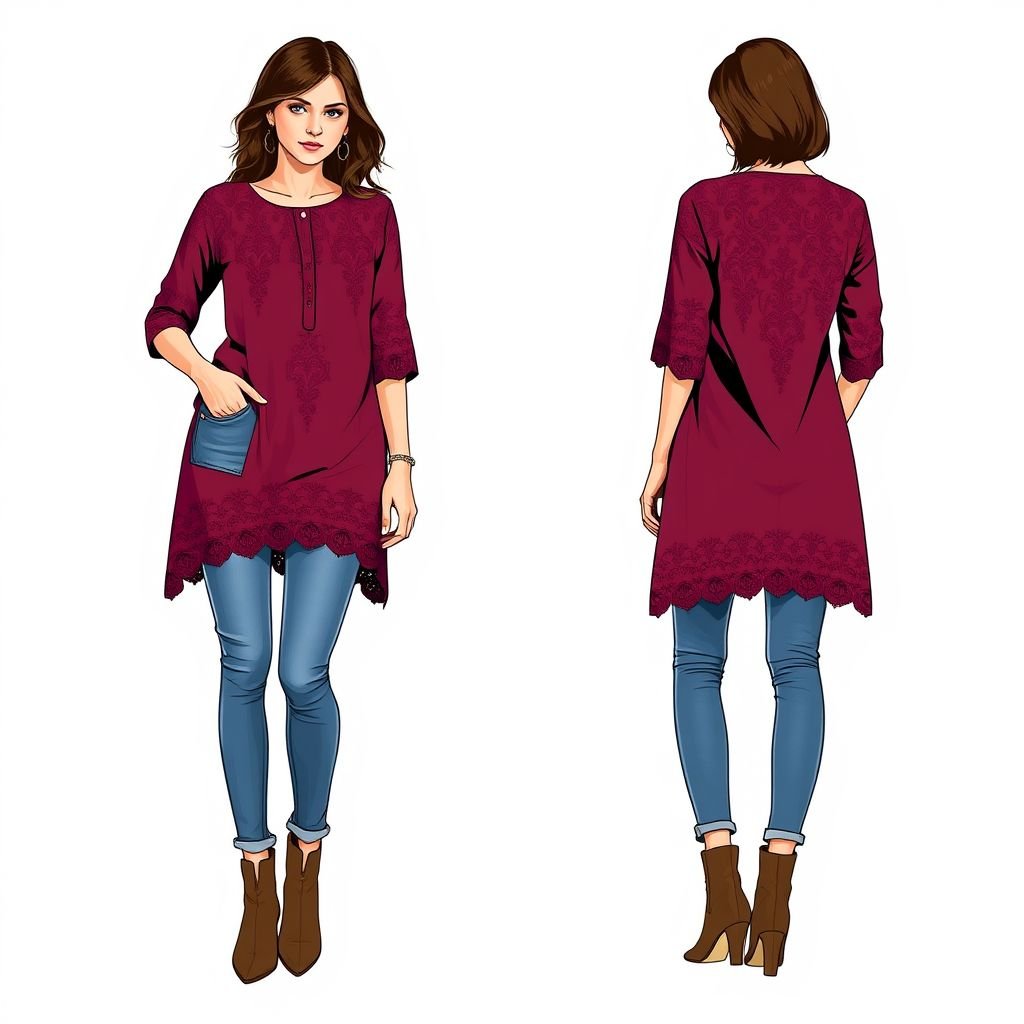 Wine hakoba kurti
Design a wine-hued hakoba kurti featuring intricate lace patterns, perfect for casual outings. The silhouette should be relaxed yet stylish, with elbow-length sleeves and a playful asymmetrical hem. Pair it with soft denim jeans and ankle boots for a chic, effortless look, accentuated by minimalistic accessories for a laid-back vibe.