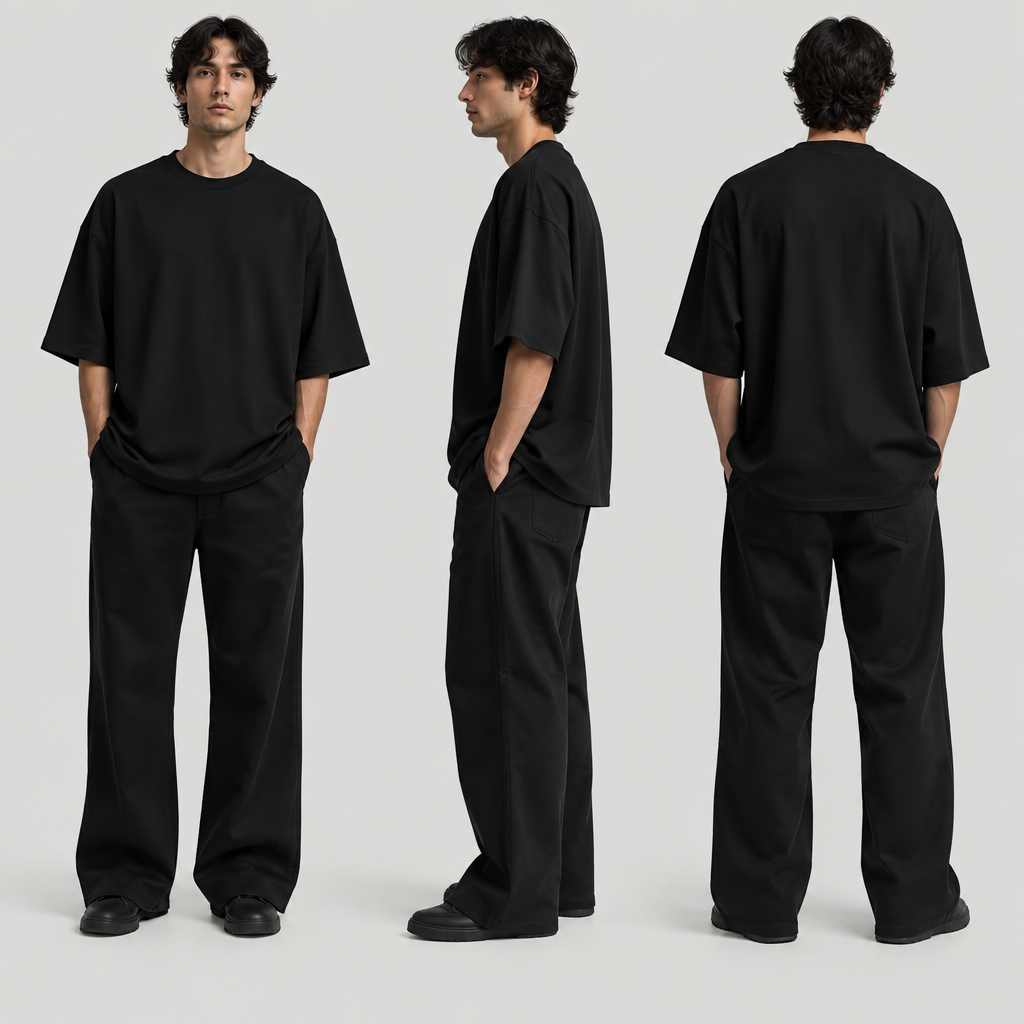 Black shirt black pants cotton fabric 100% oversized. The pants have small boot cut
photorealistic fashion design, Black shirt black pants cotton fabric 100% oversized. The pants have small boot cut , lounge style, just the design no text