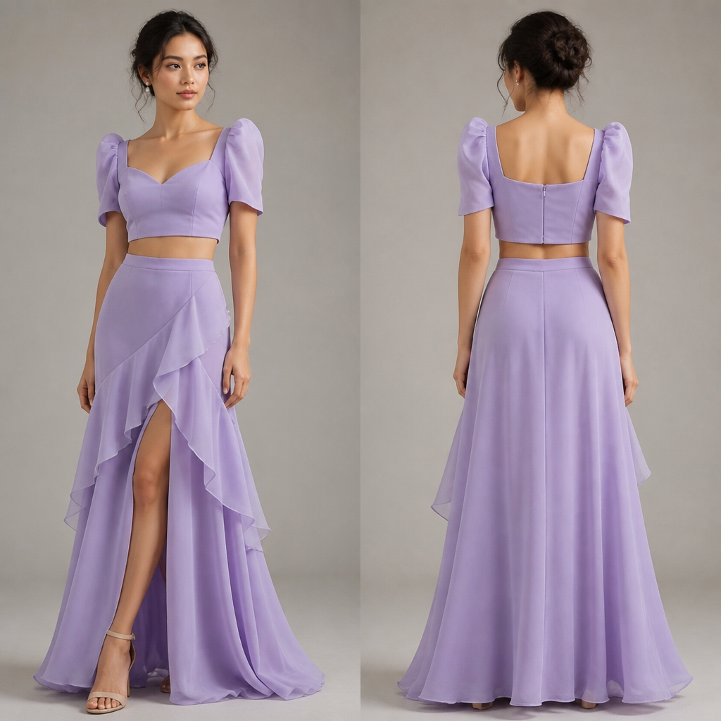 simple Modern Filipiniana outfit in crop top and layered flowy skirt with slit at front upto below the knee length of the skirt in a plain lavender color. Philippines fashion aesthetics.
photorealistic fashion design, simple Modern Filipiniana outfit in crop top and layered flowy skirt with slit at front upto below the knee length of the skirt in a plain lavender color. Philippines fashion aesthetics., just the design no text