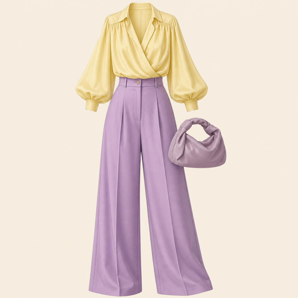 Butter yellow top. Lavender baggy pants
photorealistic fashion design, Butter yellow top. Lavender baggy pants , formal style, just the design no text