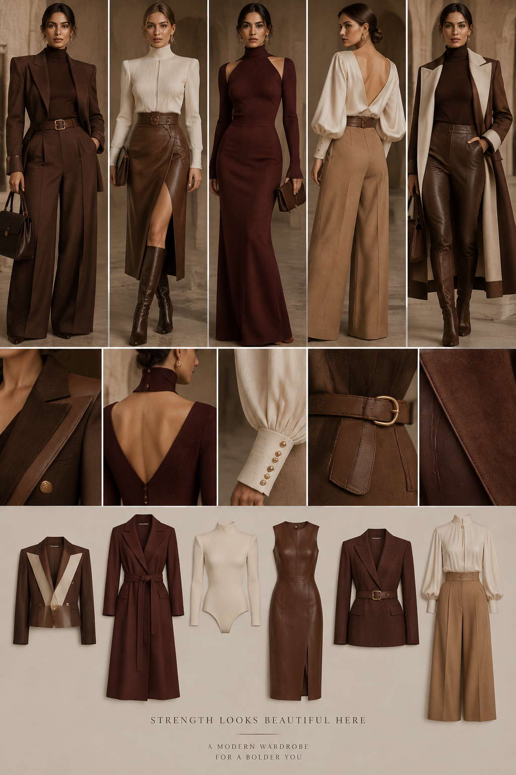 A contemporary, elevated womenswear aesthetic that combines structured silhouettes, feminine sensuality, and understated boldness. The style is sophisticated and confident, with a warm, rich color palette and distinctive design details that make each piece feel special.
The collection should feature sculptural tailoring, strong shoulders, defined waists, high collars, elegant V-shaped backs, fitted bodysuits, and statement blazers with unexpected contrasting panels or textures. The silhouettes should feel powerful and refined while remaining comfortable and wearable.
The color palette includes chocolate brown, cognac, burgundy, warm taupe, camel, and creamy ivory. Materials should look rich, tactile, and high-quality, with a focus on beautiful textures, durable fabrics, and thoughtful construction. Subtle leather or suede accents can add depth and edge.
The overall aesthetic is modern, warm, feminine, confident, and distinctive — luxurious without being flashy, minimalist without being cold, and bold without being overly extravagant.
Each piece should have a signature detail or an unexpected element that sets it apart from ordinary basics. The goal is to create clothes that make women feel powerful, confident, and memorable when they walk into a room.
A contemporary, elevated womenswear aesthetic that combines structured silhouettes, feminine sensuality, and understated boldness. The style is sophisticated and confident, with a warm, rich color palette and distinctive design details that make each piece feel special.
The collection should feature sculptural tailoring, strong shoulders, defined waists, high collars, elegant V-shaped backs, fitted bodysuits, and statement blazers with unexpected contrasting panels or textures. The silhouettes should feel powerful and refined while remaining comfortable and wearable.
The color palette includes chocolate brown, cognac, burgundy, warm taupe, camel, and creamy ivory. Materials should look rich, tactile, and high-quality, with a focus on beautiful textures, durable fabrics, and thoughtful construction. Subtle leather or suede accents can add depth and edge.
The overall aesthetic is modern, warm, feminine, confident, and distinctive — luxurious without being flashy, minimalist without being cold, and bold without being overly extravagant.
Each piece should have a signature detail or an unexpected element that sets it apart from ordinary basics. The goal is to create clothes that make women feel powerful, confident, and memorable when they walk into a room.