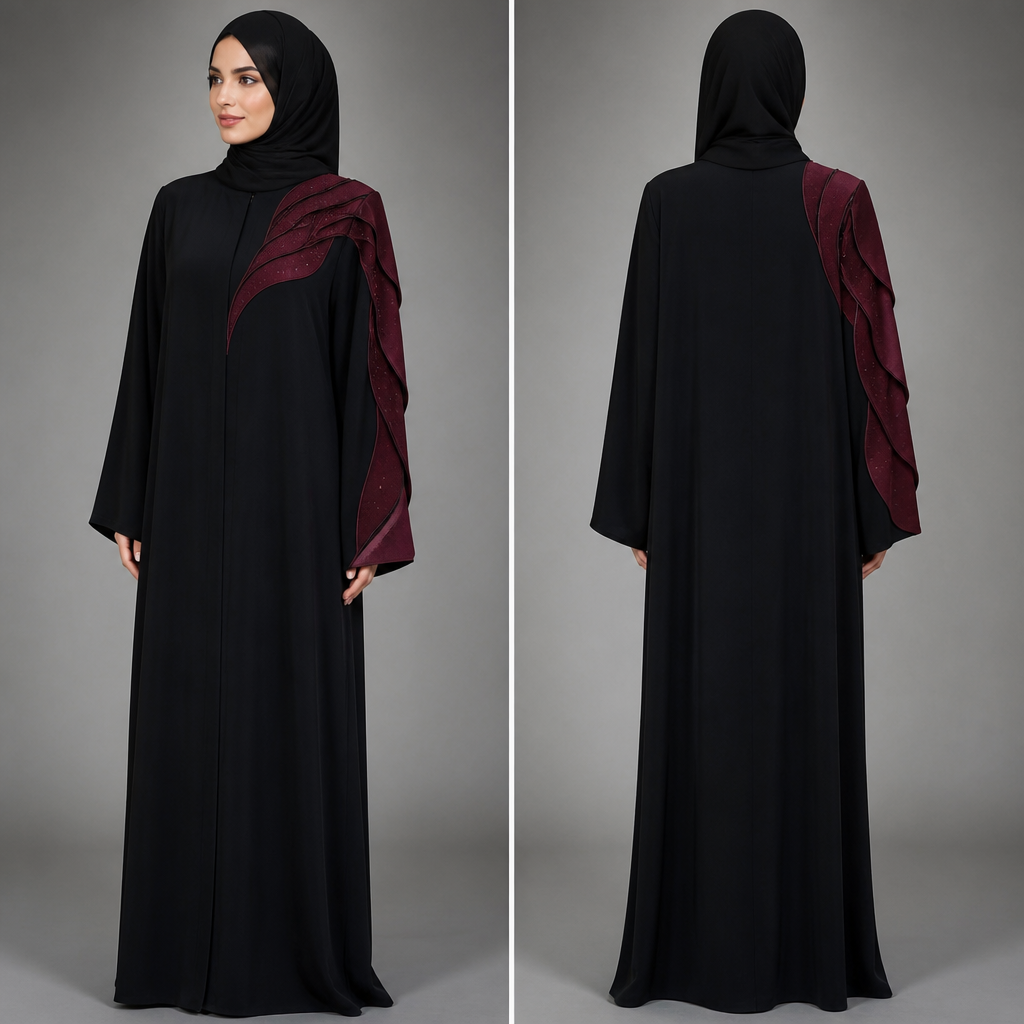 Luxury black abaya with a sophisticated and elegant deep burgundy design. Keep the abaya completely black with a beautiful straight and graceful silhouette. On the sleeves, create an artistic burgundy fabric design that starts from the shoulder and flows elegantly down one side of the sleeve, with delicate curved layers and a refined three-dimensional effect.
On only one side of the chest, add a unique burgundy decorative design starting from the shoulder and flowing diagonally toward the chest. Make the burgundy detail look like an elegant artistic pattern made from high-quality fabric, with delicate overlapping shapes and clean feminine lines.
Keep the opposite side of the chest completely black and clean. Add very subtle tiny sparkling crystals only within parts of the burgundy design for a luxurious finish.
The design should be feminine, elegant, eye-catching and expensive-looking, with an unusual but beautiful Emirati abaya cut. Keep it clearly an abaya, not a dress, not a gown and not flared. No gold, no lace, no embroidery, no excessive decoration. Black and deep burgundy only. Show front and back.
photorealistic fashion design, Luxury black abaya with a sophisticated and elegant deep burgundy design. Keep the abaya completely black with a beautiful straight and graceful silhouette. On the sleeves, create an artistic burgundy fabric design that starts from the shoulder and flows elegantly down one side of the sleeve, with delicate curved layers and a refined three-dimensional effect.
On only one side of the chest, add a unique burgundy decorative design starting from the shoulder and flowing diagonally toward the chest. Make the burgundy detail look like an elegant artistic pattern made from high-quality fabric, with delicate overlapping shapes and clean feminine lines.
Keep the opposite side of the chest completely black and clean. Add very subtle tiny sparkling crystals only within parts of the burgundy design for a luxurious finish.
The design should be feminine, elegant, eye-catching and expensive-looking, with an unusual but beautiful Emirati abaya cut. Keep it clearly an abaya, not a dress, not a gown and not flared. No gold, no lace, no embroidery, no excessive decoration. Black and deep burgundy only. Show front and back., just the design no text