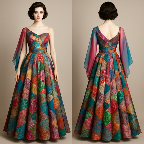 I want to Create one of kind colorful gown made from scrap fabric with iridescent touches and design with a colorful two tone chiffon for high end fashionista that will give it a sophisticated and gorgeous look on a mannequin with a face modeling it.
