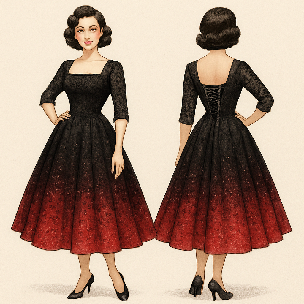 1950’s lace prom dress. Black fading into red with a petty coat. Sequins all around the skirt with a corset back. 1/3 sleeves with square neck.
1950’s lace prom dress. Black fading into red with a petty coat. Sequins all around the skirt with a corset back. 1/3 sleeves with square neck., pinup style, show front and back