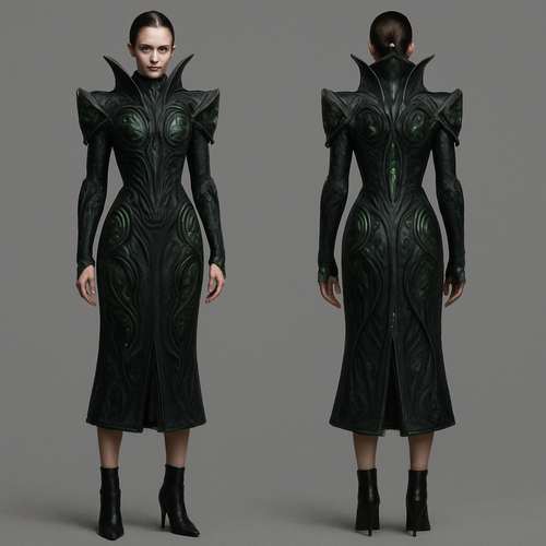 Create me a Women’s Unique Alien wear design dress. It should be a high fashion design. It should be below the knees (mid calf length). Runway designed. 
