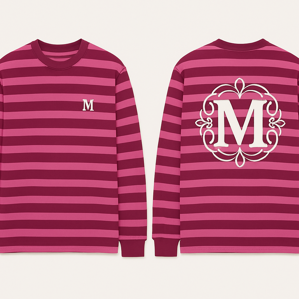 Make a Longsleeve with dark red stripes and pink make a logo on the back with the letter M and a small logo on the side of the chest also with the letter M. Make around the m a logo design and make the stripes smaller use more of a bright pink and a Bordeaux red
Make a Longsleeve with dark red stripes and pink make a logo on the back with the letter M and a small logo on the side of the chest also with the letter M. Make around the m a logo design and make the stripes smaller use more of a bright pink and a Bordeaux red
, casual style, show front and back