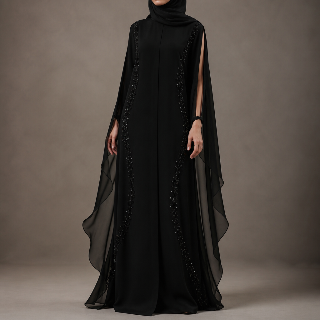 3. Luxury black abaya with an unusual curved side construction. Create two elegant curved openings along both sides of the abaya, with a lightweight black chiffon layer underneath that moves softly while walking. The sleeves have an open back design with a longer chiffon edge. Add tiny floral rhinestone clusters along the curved openings. Completely black, sophisticated, feminine and eye-catching, straight abaya silhouette, not a dress, not flared.
photorealistic fashion design, 3. Luxury black abaya with an unusual curved side construction. Create two elegant curved openings along both sides of the abaya, with a lightweight black chiffon layer underneath that moves softly while walking. The sleeves have an open back design with a longer chiffon edge. Add tiny floral rhinestone clusters along the curved openings. Completely black, sophisticated, feminine and eye-catching, straight abaya silhouette, not a dress, not flared., just the design no text