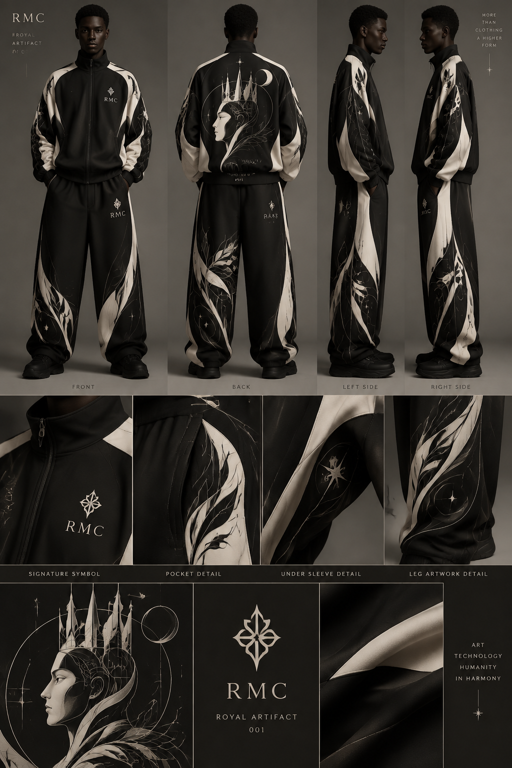 Create an original premium RMC tracksuit called "ROYAL ARTIFACT 001."
Deep matte black and warm ivory only. Premium smooth structured technical fabric. Relaxed elongated oversized silhouette with wide but controlled trousers, no elastic or ankle cuffs, controlled waistband only.
Combine flowing organic graphic shapes with sophisticated curved technical garment panels. Black and ivory sections follow the natural architecture of the body, wrapping around sleeves, shoulders, sides and trouser legs.
ONE completely original RMC signature artwork: a mysterious abstract royal human profile combined with elegant crown-like geometry, flowing botanical curves, architectural lines and subtle celestial symbols — original illustration only, not a Greek/Roman statue, not based on any existing artwork.
The artwork merges into the garment construction: some lines become seams, some disappear underneath panels, some reappear elsewhere. Continue the visual language from the jacket into the trousers so the entire tracksuit reads as one connected artwork.
Front: clean and sophisticated, refined RMC wordmark plus a new standalone RMC symbol. Back: strongest artistic composition. Unexpected artwork detail around one pocket opening, underneath one sleeve, along a side seam, and diagonally across one trouser leg.
Wearable art from a high-end fashion house: mysterious, iconic, technical, luxurious, memorable, timeless. No generic streetwear graphics, no flames, no excessive logos, no copied designs. Show front, back and side views.
Left out the "use uploaded reference images" line since this tool only takes text — no image upload field visible in your screenshot. If it does support reference images elsewhere in the flow, add that instruction back in.
Create an original premium RMC tracksuit called "ROYAL ARTIFACT 001."
Deep matte black and warm ivory only. Premium smooth structured technical fabric. Relaxed elongated oversized silhouette with wide but controlled trousers, no elastic or ankle cuffs, controlled waistband only.
Combine flowing organic graphic shapes with sophisticated curved technical garment panels. Black and ivory sections follow the natural architecture of the body, wrapping around sleeves, shoulders, sides and trouser legs.
ONE completely original RMC signature artwork: a mysterious abstract royal human profile combined with elegant crown-like geometry, flowing botanical curves, architectural lines and subtle celestial symbols — original illustration only, not a Greek/Roman statue, not based on any existing artwork.
The artwork merges into the garment construction: some lines become seams, some disappear underneath panels, some reappear elsewhere. Continue the visual language from the jacket into the trousers so the entire tracksuit reads as one connected artwork.
Front: clean and sophisticated, refined RMC wordmark plus a new standalone RMC symbol. Back: strongest artistic composition. Unexpected artwork detail around one pocket opening, underneath one sleeve, along a side seam, and diagonally across one trouser leg.
Wearable art from a high-end fashion house: mysterious, iconic, technical, luxurious, memorable, timeless. No generic streetwear graphics, no flames, no excessive logos, no copied designs. Show front, back and side views.
Left out the "use uploaded reference images" line since this tool only takes text — no image upload field visible in your screenshot. If it does support reference images elsewhere in the flow, add that instruction back in., avant garde style