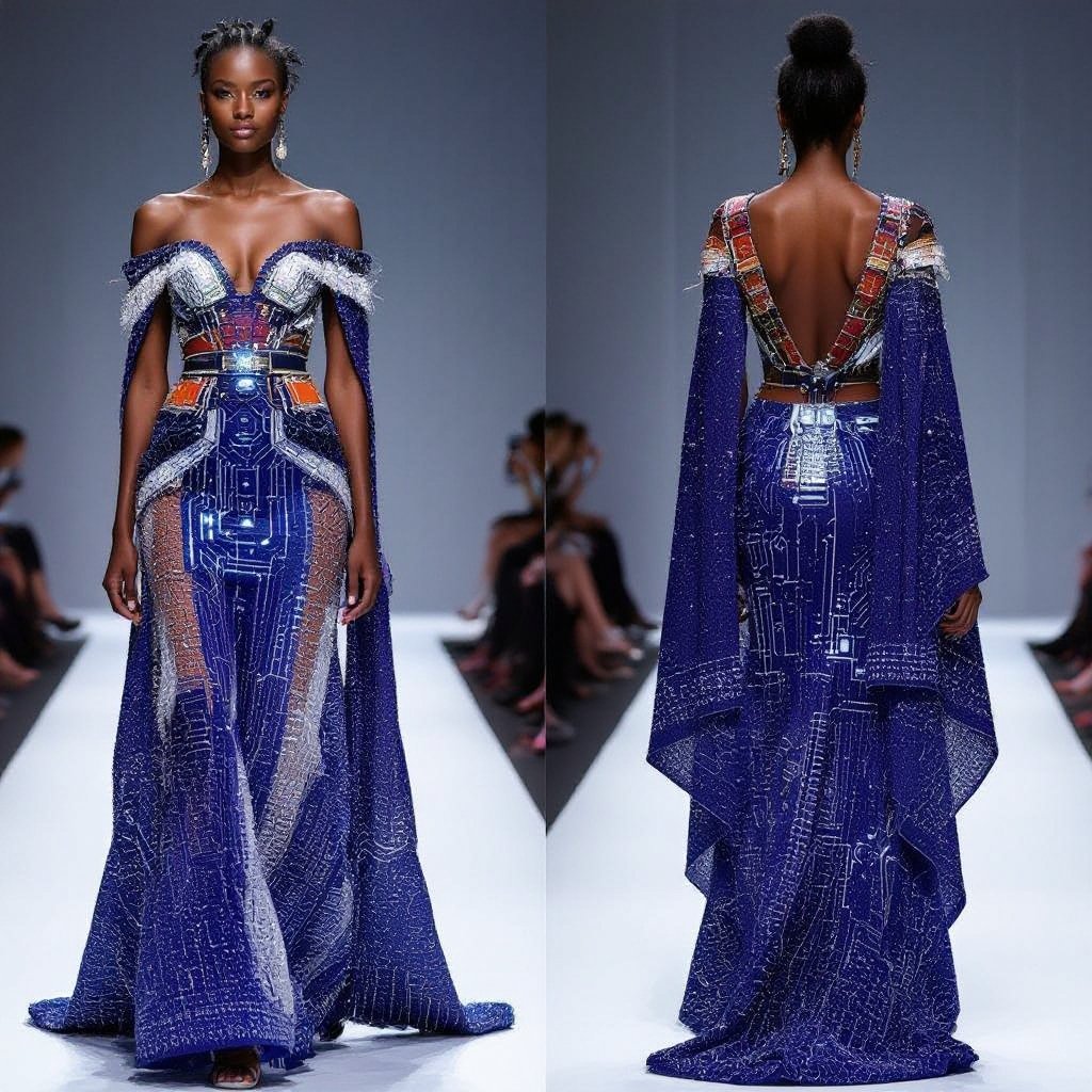 A straight gown made with beaded fabric and some side drapes by the waist to hip with fabric dangling a hip length cape made with beaded fabric at the back hanging on both shoulders looking drappy add embellishments to the waist and both shoulders
Afrofuturism fashion: A straight gown made with beaded fabric and some side drapes by the waist to hip with fabric dangling. A hip-length cape made with beaded fabric at the back, hanging on both shoulders looking drapey. Add embellishments to the waist and both shoulders, incorporating circuitry-inspired patterns and ancestral symbols.