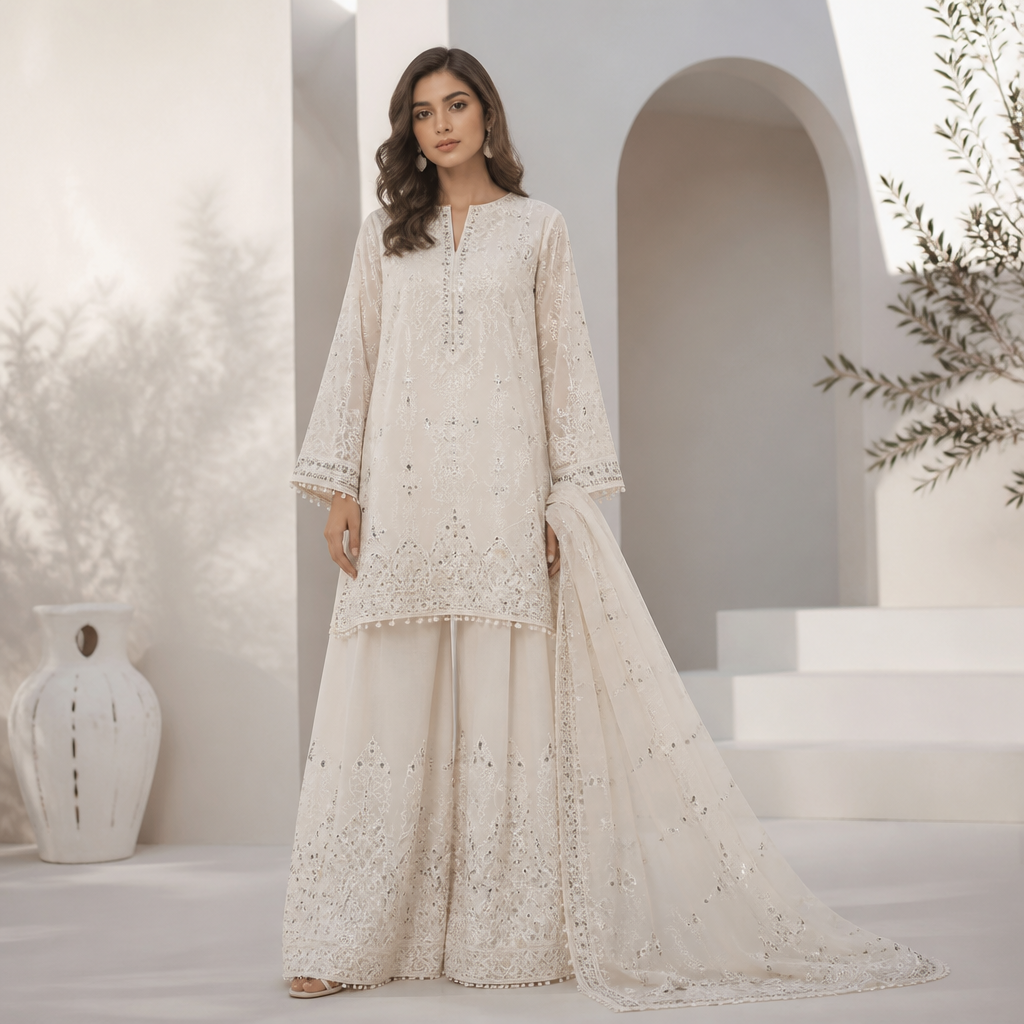 A Dress design, suitable for Summer. Consider Pakistani fashion — shalwar kameez, gharara, sharara; lawn fabrics, chiffon; intricate embroidery and mirror work. Current season is Summer in Pakistan. Present it as professional fashion catalogue photography: the garment is the subject, shown full-length with editorial styling, neutral posing and tasteful, non-suggestive framing.
photorealistic fashion design, A Dress design, suitable for Summer. Consider Pakistani fashion — shalwar kameez, gharara, sharara; lawn fabrics, chiffon; intricate embroidery and mirror work. Current season is Summer in Pakistan. Present it as professional fashion catalogue photography: the garment is the subject, shown full-length with editorial styling, neutral posing and tasteful, non-suggestive framing., just the design no text