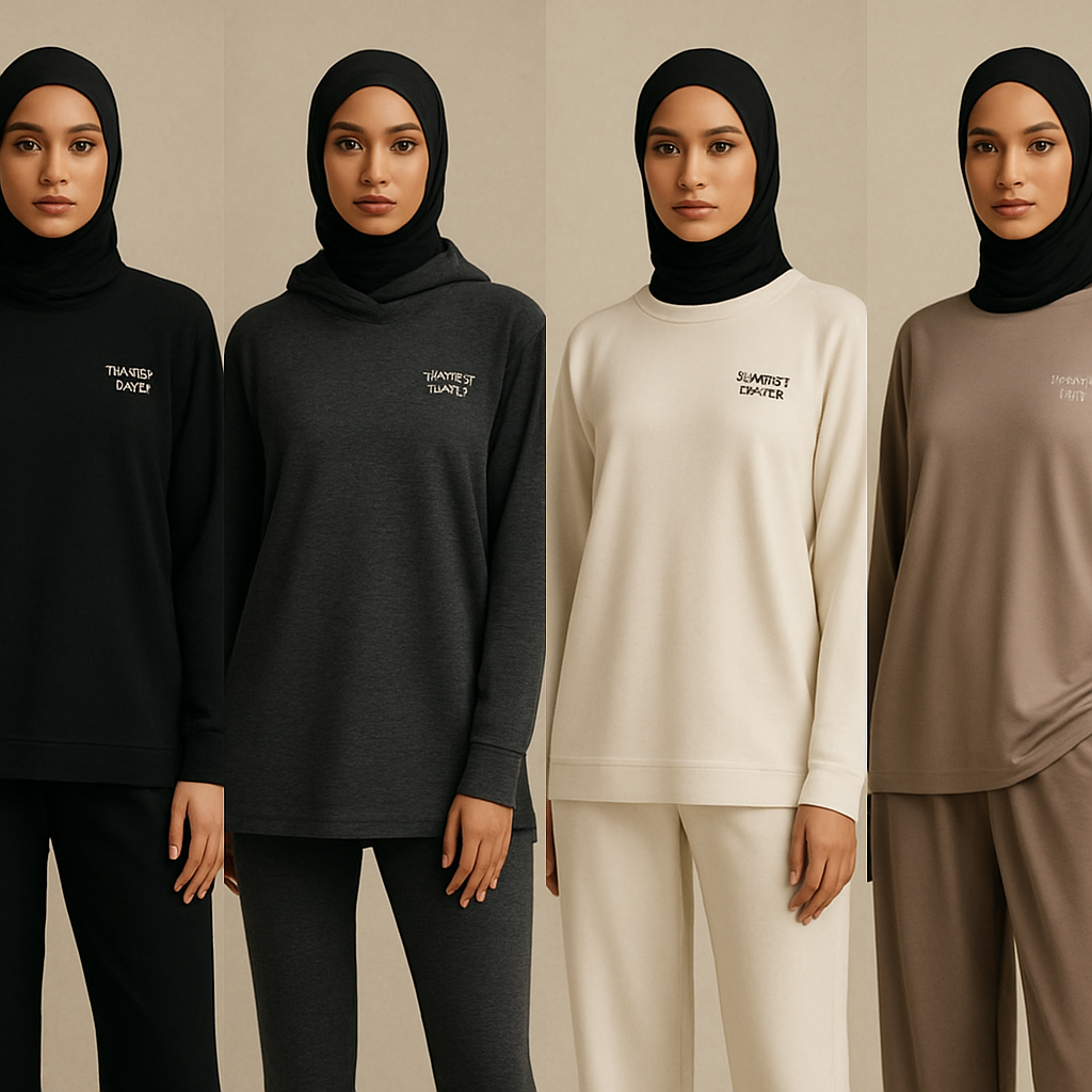 Create a revolutionary women's modest loose gym wear brand called "Modest Fleur". Display the brand name on the in a unique design on the upper right side, in small thick writing that exudes a classy and sophisticated vibe. I'd like four designs, each showcasing different styles and fabrics, with high-end, chic designs to make them truly special. Making it first design in the world 

Create a revolutionary women's modest loose gym wear brand called "Modest Fleur". Display the brand name on the in a unique design on the upper right side, in small thick writing that exudes a classy and sophisticated vibe. I'd like four designs, each showcasing different styles and fabrics, with high-end, chic designs to make them truly special. Making it first design in the world 