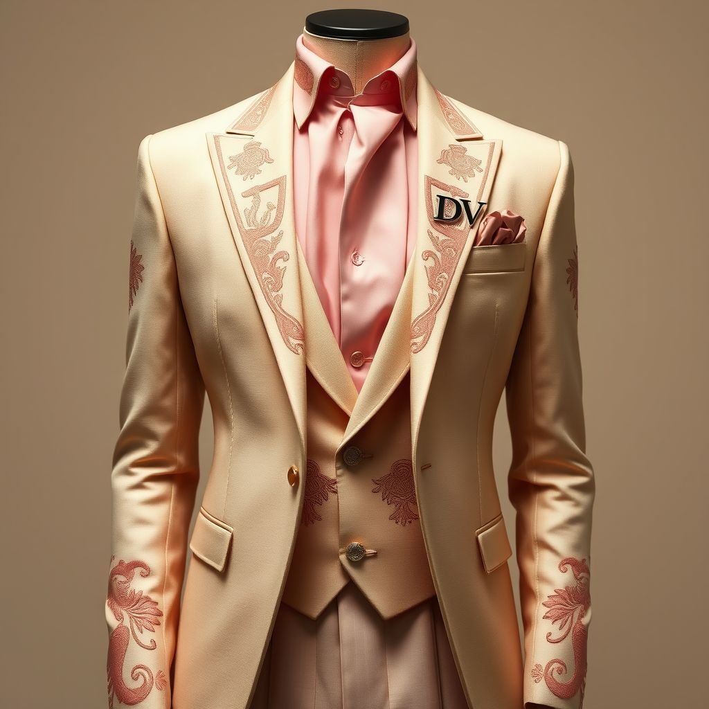 Egyptian style men’s suit. Beige and pink. Put “DV” somewhere on it
Design an elegant Egyptian-inspired men’s suit in a sophisticated blend of beige and soft pink. Incorporate intricate, hieroglyphic embroidery and flowing, layered fabrics that echo ancient royalty. The silhouette should be tailored yet flowing, and creatively place "DV" as a subtle embellishment on the lapel, enhancing its regal essence.