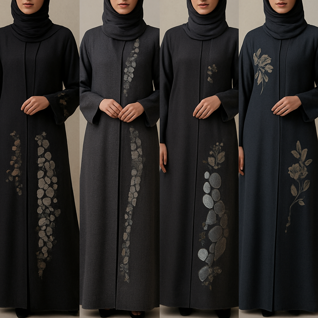 Create a modest chic abaya, the first of its kind, featuring a unique stone design that exudes a classy and sophisticated vibe. I'd like four designs, each showcasing different styles and fabrics. Incorporate high-end, unique chic stone designs to make them truly special. Add little sophisticated stone designsa and some touch of elite flower design.

Create a modest chic abaya, the first of its kind, featuring a unique stone design that exudes a classy and sophisticated vibe. I'd like four designs, each showcasing different styles and fabrics. Incorporate high-end, unique chic stone designs to make them truly special. Add little sophisticated stone designsa and some touch of elite flower design.