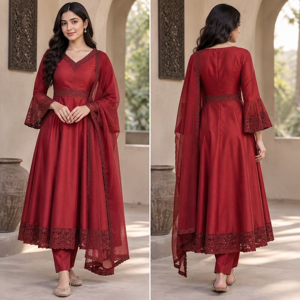 A Female Dress design, with modest, full coverage: longer hemlines, higher necklines and covered shoulders, suitable for Summer. Realistic fashion design of a youthful, elegant Anarkali outfit for a 18-year-old girl. cherry red silk, between mid calf and tea length, fitted bodice with defined waist and moderate flare, modest soft V-neck, full bell sleeves fitted to the elbow then gently flared. a deeper shade of red floral guipure lace on neckline, sleeve cuffs, waist, and 5–7 cm hem. Matching straight red pants and lightweight red dupatta with thin darker shade of red lace border. Feminine, graceful, luxurious; minimal decoration, not bridal or overly flared.. Bangladesh fashion aesthetics. Present it as professional fashion catalogue photography: the garment is the subject, shown full-length with editorial styling, neutral posing and tasteful, non-suggestive framing.
photorealistic fashion design, A Female Dress design, with modest, full coverage: longer hemlines, higher necklines and covered shoulders, suitable for Summer. Realistic fashion design of a youthful, elegant Anarkali outfit for a 18-year-old girl. cherry red silk, between mid calf and tea length, fitted bodice with defined waist and moderate flare, modest soft V-neck, full bell sleeves fitted to the elbow then gently flared. a deeper shade of red floral guipure lace on neckline, sleeve cuffs, waist, and 5–7 cm hem. Matching straight red pants and lightweight red dupatta with thin darker shade of red lace border. Feminine, graceful, luxurious; minimal decoration, not bridal or overly flared.. Bangladesh fashion aesthetics. Present it as professional fashion catalogue photography: the garment is the subject, shown full-length with editorial styling, neutral posing and tasteful, non-suggestive framing., just the design no text