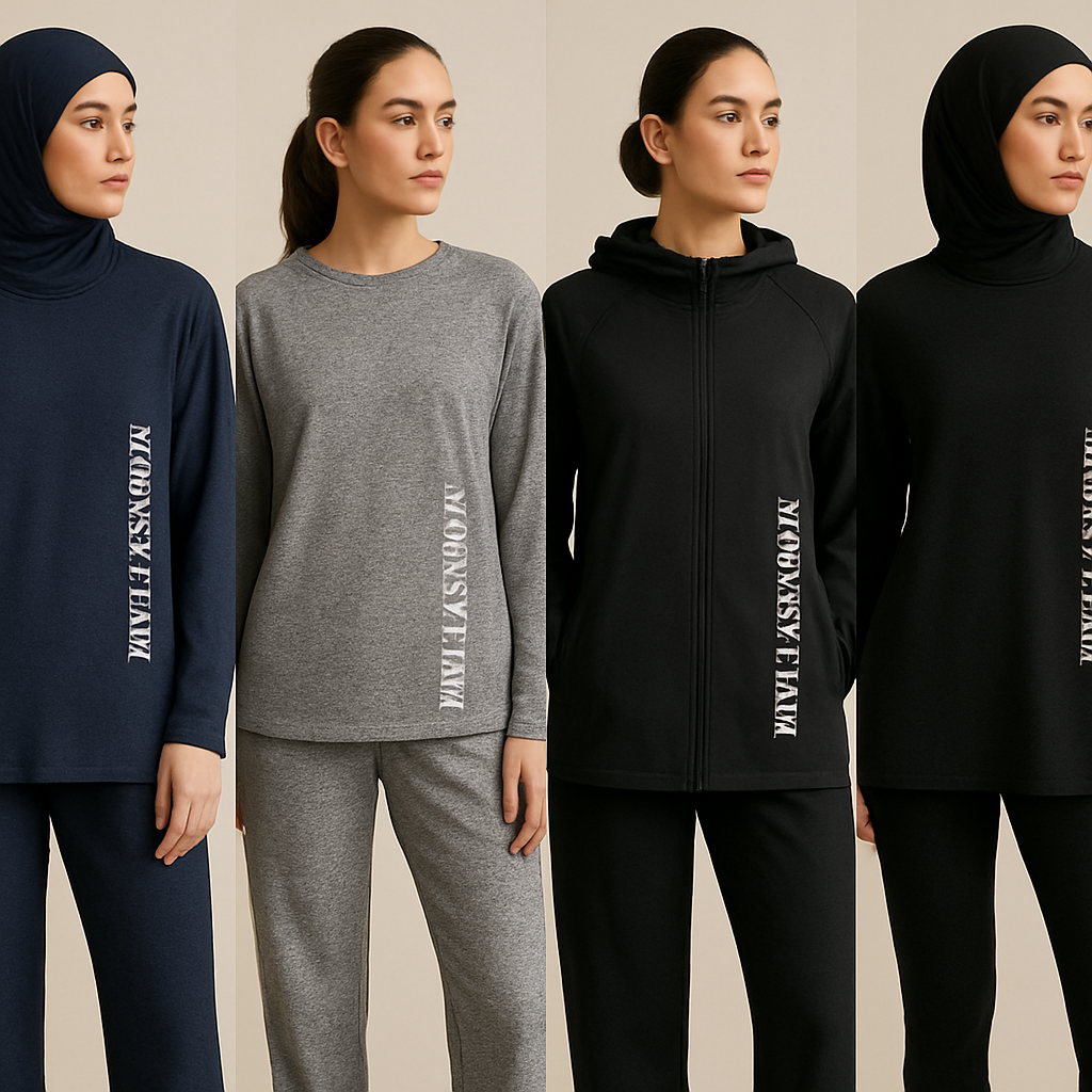 Create a revolutionary women’s modest loose gym wear brand called “Modest Fleur”. Display the brand name on the garments in a unique design on the right side, in small thick writing that exudes a classy and sophisticated vibe. I’d like four designs, each showcasing different styles and fabrics, with high-end, unique chic designs to make them truly special.
Create a revolutionary women’s modest loose gym wear brand called “Modest Fleur”. Display the brand name on the garments in a unique design on the right side, in small thick writing that exudes a classy and sophisticated vibe. I’d like four designs, each showcasing different styles and fabrics, with high-end, unique chic designs to make them truly special.