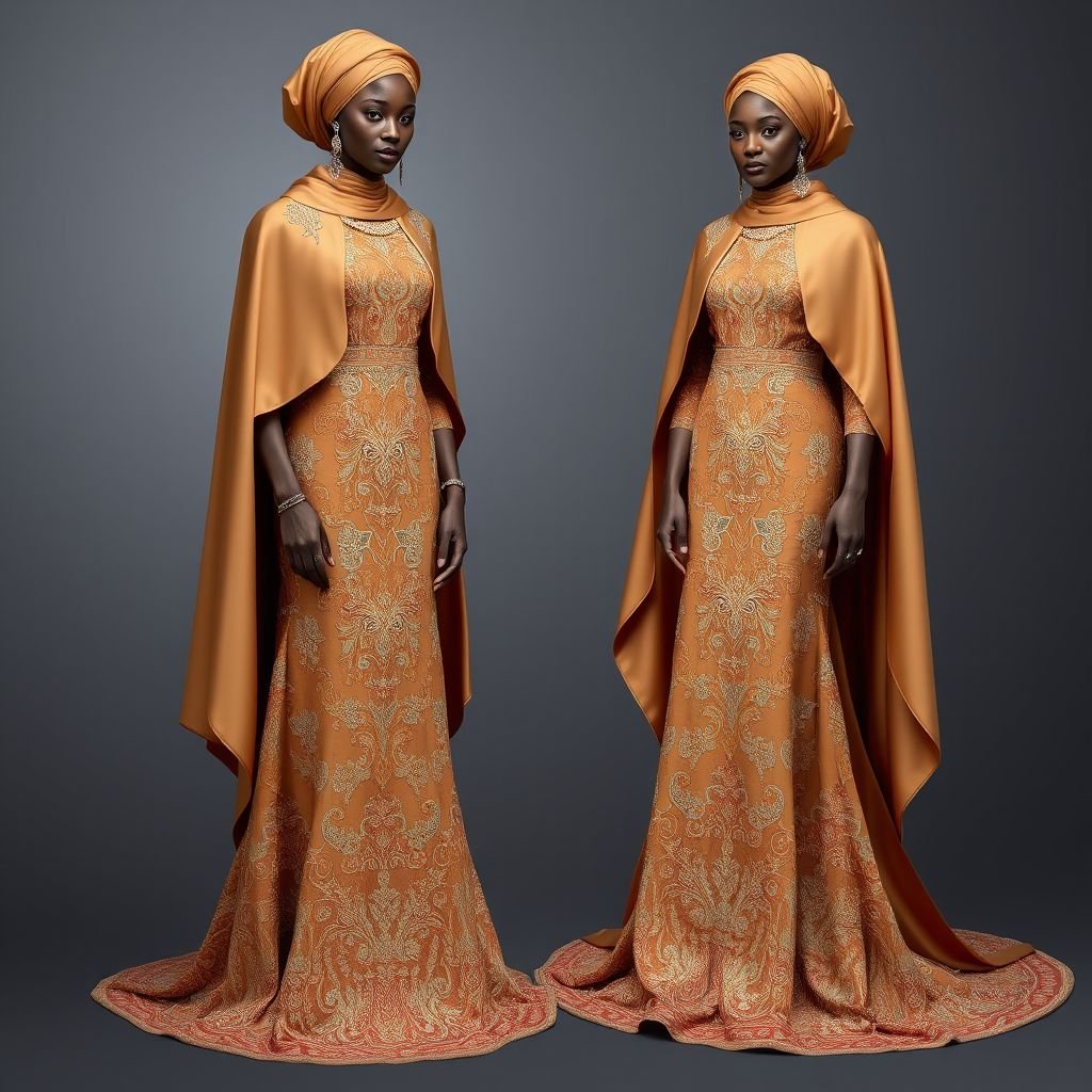 Simple Somali weeding dressing but elegant
Design a sophisticated formal Somali wedding ensemble featuring an intricately embroidered floor-length gown, rich in earthy tones and adorned with delicate silver accents. Incorporate a tailored, structured cape that flows elegantly, enhancing the silhouette. Complete the look with statement jewelry—a blend of tradition and modernity—exuding grace and timeless elegance for the celebration.
