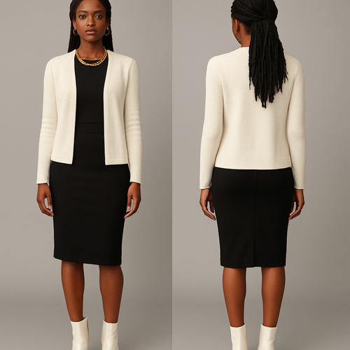 Black shirt 
Tight Pencil skirt
White cardigan 
White boot heels
Faux locs 
Gold chain gold earrings 

