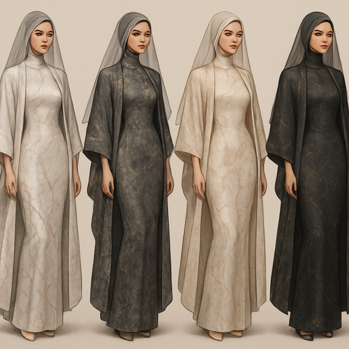 Create a modest sexy elegant fittted dress with a veil and kimono, the first of its kind, featuring a unique stone design that exudes a classy and sophisticated vibe. I'd like four designs, each showcasing different styles and fabrics. Incorporate high-end, unique chic stone designs to make them truly special. Add little sophisticated stone designs.