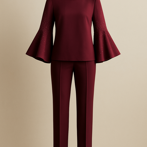 The Signature Luxe Two-Piece
A silk-crepe top with dramatic bell sleeves lightly dusted with stones, paired with straight-cut tailored trousers. Available in rich tones: