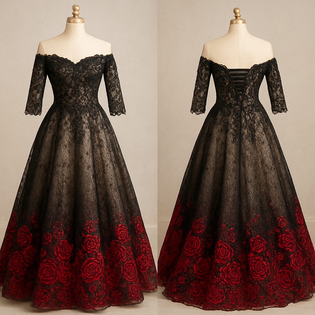 Lace glittery Black A-line off-the-shoulder 1/3 lace sleeves wedding dress with champagne underlining. Corset back, with embroidered sequin beading on the top. The bottom fades into red with embroidered red sequined roses.
Lace glittery Black A-line off-the-shoulder 1/3 lace sleeves wedding dress with champagne underlining. Corset back, with embroidered sequin beading on the top. The bottom fades into red with embroidered red sequined roses., rockabilly style, show front and back