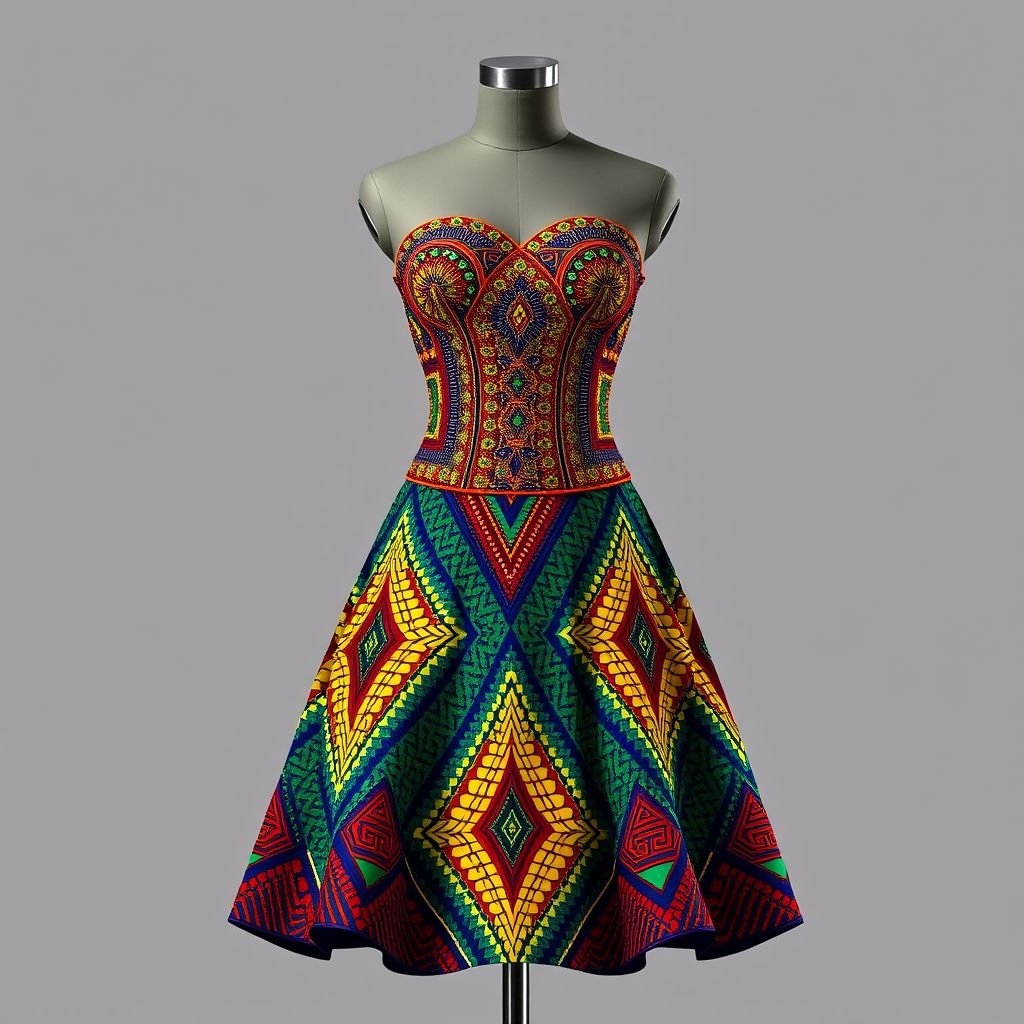 Ankara fashion for size 14 woman,a short dress with corset and beadings and structure designs
Design a stunning short Ankara dress for a size 14 woman, featuring a fitted corset top adorned with intricate beadwork that reflects traditional African heritage. Incorporate bold, geometric structures inspired by African art and vibrant patterns. Flare the skirt for movement, showcasing the rich colors and textiles of African culture.