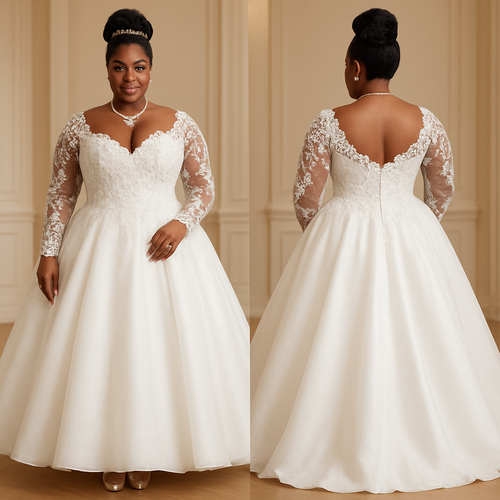 Black woman
Thick woman 
Updo with pearls 
Wedding dress ball gown 
Lace chest melted 
Tight waist 
Diamond necklace and diamond bracelet 
Ballroom style dress with flare out 
Breast cut 
Lifted up chest
Lace sleeves with clear designs 
Clear heels
