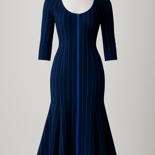 Thin electric blue Pin Stripped on navy midi dress with trumpet skirt and 3/4 sleeve. Raglan sleeve with deep scoop neck . Top to bottom princess seamed blue zippers