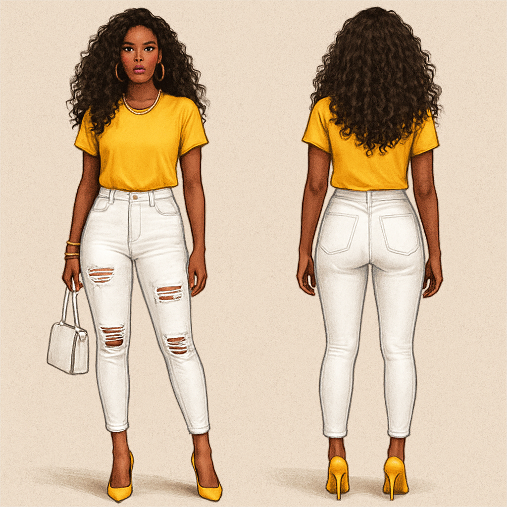 Black woman
Long curls
Yellow blouse
White fitted pants with rips
Gold jewelry
Yellow heels
White purse
Black woman
Long curls
Yellow blouse
White fitted pants with rips
Gold jewelry
Yellow heels
White purse
, streetwear style, show front and back