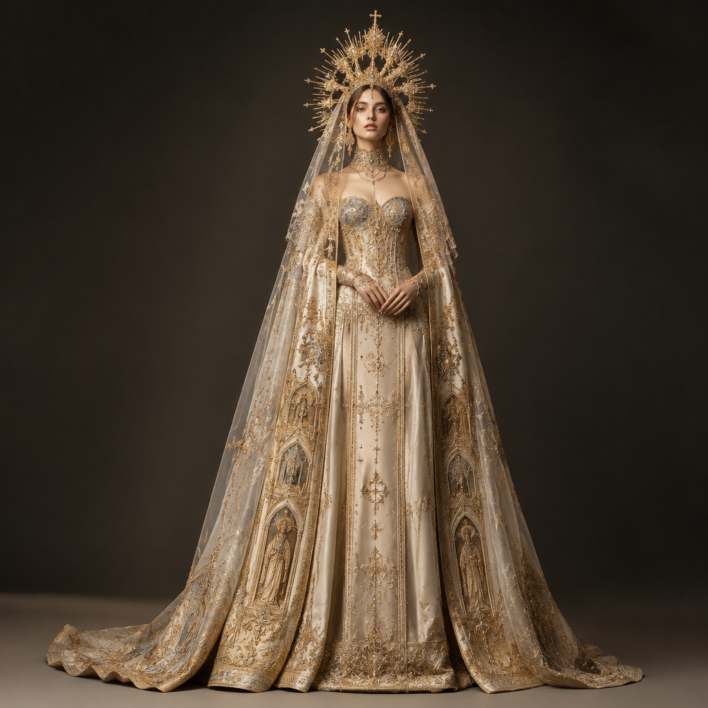 quiero que me hagas otro oufits de met gala de la temática celestiales: la moda y la imaginación católica". PY fashion aesthetics. Present it as professional fashion catalogue photography: the garment is the subject, shown full-length with editorial styling, neutral posing and tasteful, non-suggestive framing.
photorealistic fashion design, quiero que me hagas otro oufits de met gala de la temática celestiales: la moda y la imaginación católica". PY fashion aesthetics. Present it as professional fashion catalogue photography: the garment is the subject, shown full-length with editorial styling, neutral posing and tasteful, non-suggestive framing., just the design no text