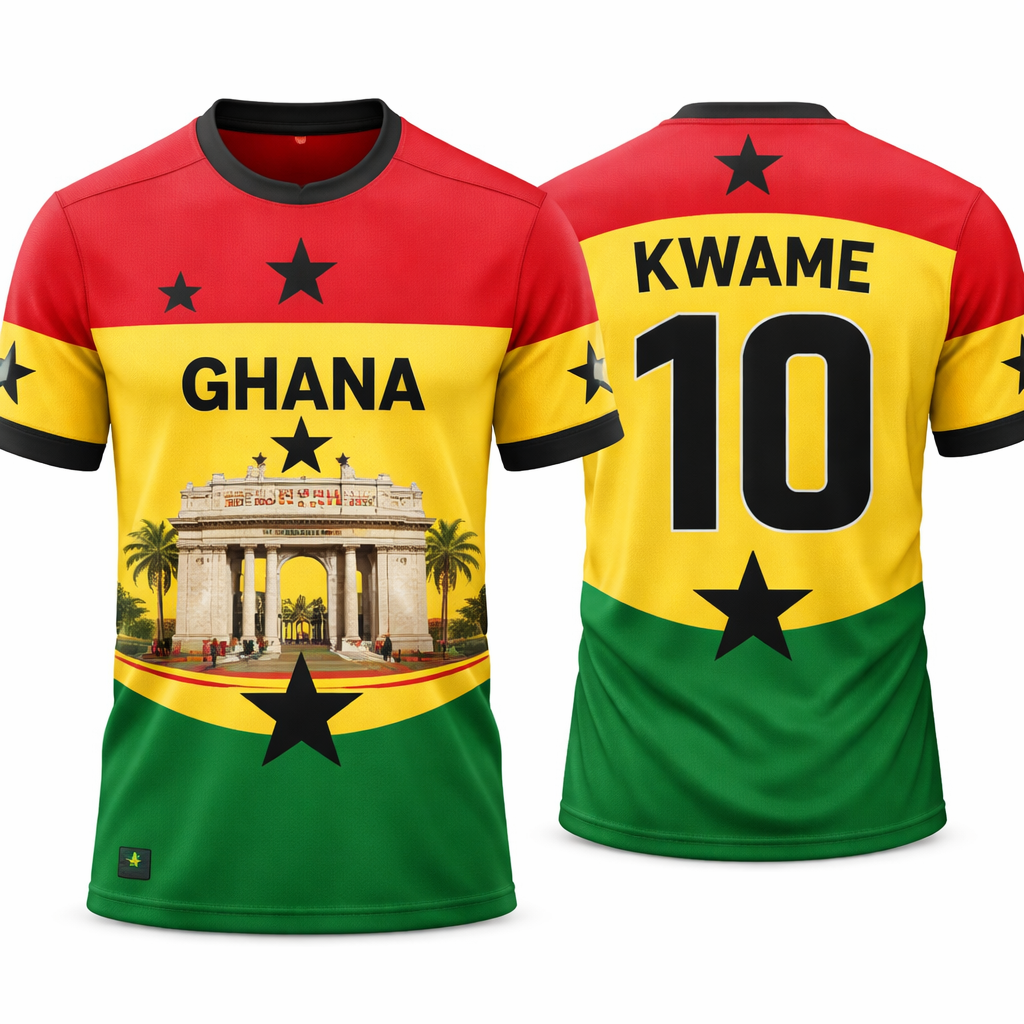 I want a football jersey with Red ,Yellow and green with black stars and with a picture of Ghana independence square in front
I want a football jersey with Red ,Yellow and green with black stars and with a picture of Ghana independence square in front , sporty style, show front and back