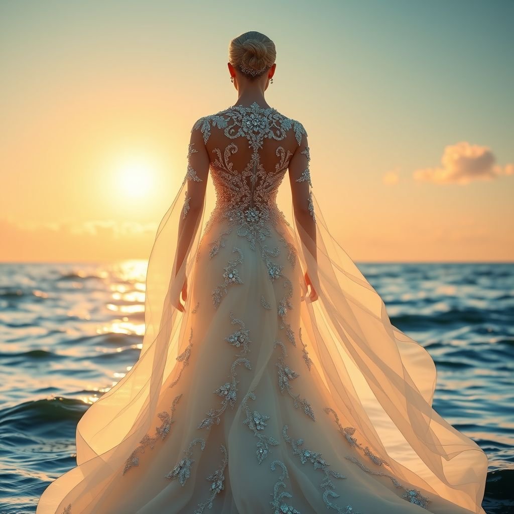 Create a gown inspired by sea waves, blue sky and sunshine. Add crystal embroidery and an ethereal look to the vision of a dress
Design an exquisite haute couture gown that captures the fluidity of sea waves, the brilliance of a sunlit sky, and the warmth of golden sunshine. Incorporate flowing fabrics that mimic gentle ripples, adorned with intricate crystal embroidery that glimmers like sunlight on water. Embrace an ethereal silhouette, evoking a dreamy oceanic fantasy.