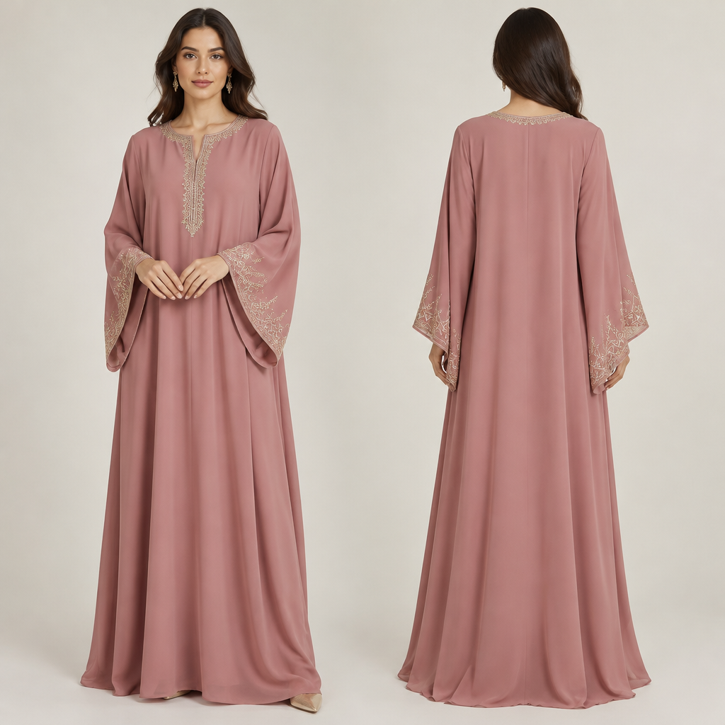 Design an elegant, modest Ramadan kaftan for women, in dusty rose pink, flowing lightweight crepe fabric, loose long sleeves, subtle gold embroidery on the cuffs and neckline, flattering relaxed silhouette, full-length dress, luxurious but affordable style, front view, realistic fashion design illustration, plain background.
photorealistic fashion design, Design an elegant, modest Ramadan kaftan for women, in dusty rose pink, flowing lightweight crepe fabric, loose long sleeves, subtle gold embroidery on the cuffs and neckline, flattering relaxed silhouette, full-length dress, luxurious but affordable style, front view, realistic fashion design illustration, plain background., just the design no text, show front and back