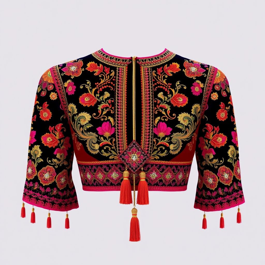 Saree blouse
Design an exquisite saree blouse inspired by traditional Indian aesthetics. Incorporate intricate zari embroidery and vibrant Rajasthani mirror work, blending regal velvet with delicate chiffon. The blouse should feature a contemporary cut, with dramatic bell sleeves and a high neckline. Finish with ornate tassels and a bold color palette reflecting Indian heritage.