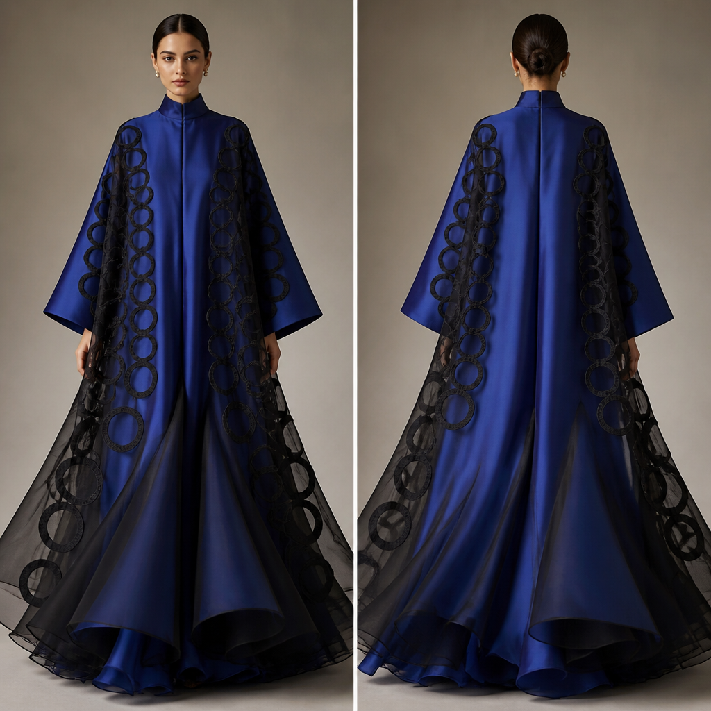 A Dress design, made of Silk, for Party, suitable for Spring, in Quiet Luxury + Glamorous + Elegant style. this is the leafless str
this structured abaya on top and volumes at the bottom. the abaya is bright royal blue and black double nlack sheer fabric.with cut circles on one of the layers on top. and oversized with glamorous and luxury. op
uctured. Design with modest coverage.
photorealistic fashion design, A Dress design, made of Silk, for Party, suitable for Spring, in Quiet Luxury + Glamorous + Elegant style. this is the leafless str
this structured abaya on top and volumes at the bottom. the abaya is bright royal blue and black double nlack sheer fabric.with cut circles on one of the layers on top. and oversized with glamorous and luxury. op
uctured. Design with modest coverage., quiet_luxury style, just the design no text, show front and back
