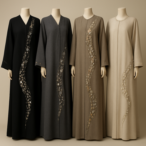 Create a modest abaya that's the first of its kind, featuring a unique stone design that exudes a classy and sophisticated vibe. I'd like four designs, each showcasing different styles and fabrics.
Incorporate high-end, unique chic stone designs to make them truly special. Add a little sophisticated stone work to it.