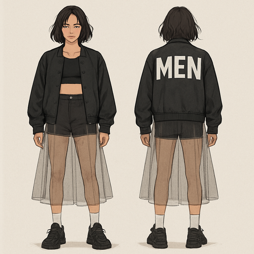 A crop top with some shorts a see through skirt over the pants and a letters men jacket 
