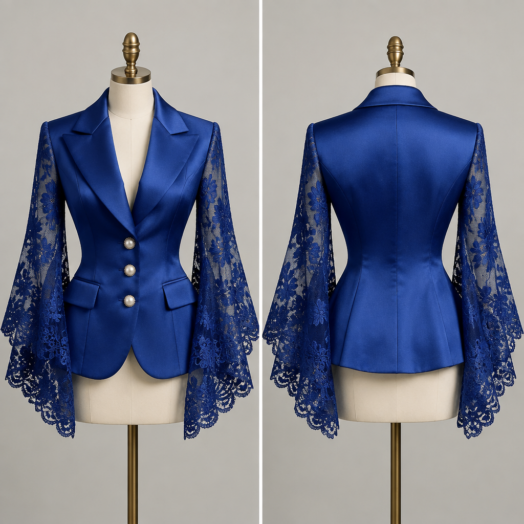 Elegant royal blue satin blazer with dramatic wide lace sleeves, fitted waist, pearl buttons, luxurious feminine style, high-quality couture look
photorealistic fashion design, Elegant royal blue satin blazer with dramatic wide lace sleeves, fitted waist, pearl buttons, luxurious feminine style, high-quality couture look, classic style, just the design no text, show front and back