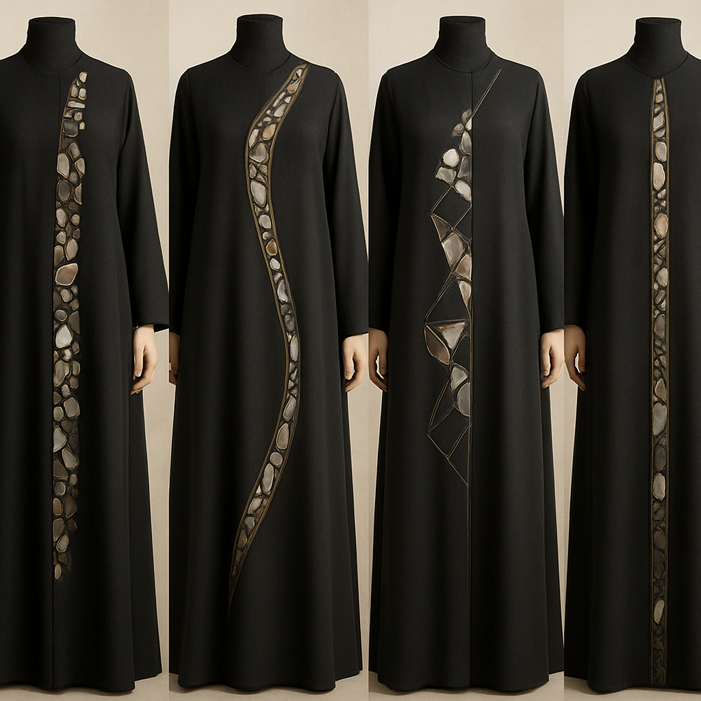 Create a modest abaya that's the first of its kind, featuring a unique stone design that exudes a classy and sophisticated vibe. I'd like four designs, each showcasing different styles and fabrics.
Incorporate high-end, unique chic stone designs to make them truly special. Add a little sophisticated stone work to it.
Create a modest abaya that's the first of its kind, featuring a unique stone design that exudes a classy and sophisticated vibe. I'd like four designs, each showcasing different styles and fabrics.
Incorporate high-end, unique chic stone designs to make them truly special. Add a little sophisticated stone work to it.