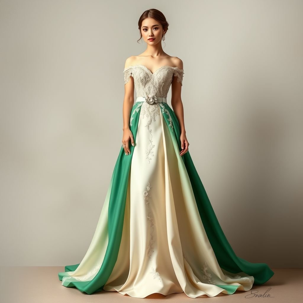Elegant classy dress
Design an elegant, floor-length gown featuring an off-shoulder neckline and intricate lace bodice adorned with delicate floral embroidery. The flowing, silk skirt transitions from a rich emerald green to a soft ivory gradient, evoking a sense of grace. Accentuate with a jeweled belt and shimmering, sheer fabric overlay for a timeless allure.