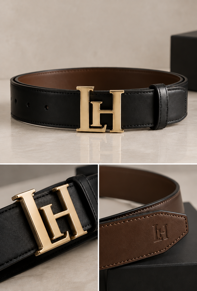 Redesigned: belt can be used both sides, black and brown
Restyle the fashion design in the image: belt can be used both sides, black and brown. Keep the overall composition and photographic style unless instructed otherwise. Photorealistic editorial fashion photograph, no text.