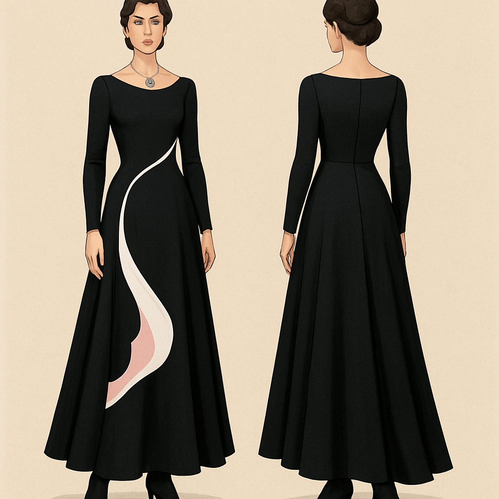 black long dress with White details pink shape and folds with elegant black boots with white toe and blue diamond necklace
black long dress with White details pink shape and folds with elegant black boots with white toe and blue diamond necklace, classic style, show front and back