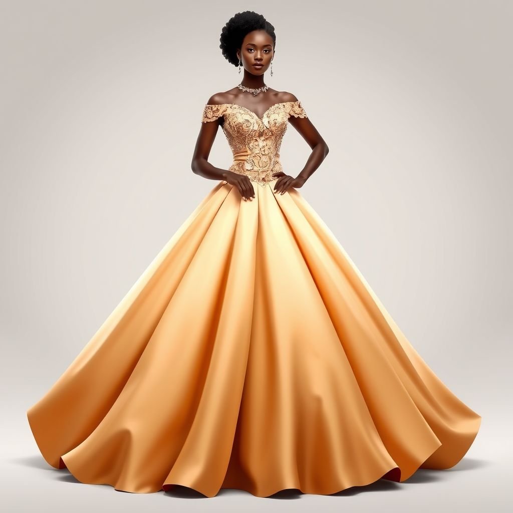 African American model ball gown
Design a stunning formal ball gown for an African American model, featuring a fitted bodice with intricate beaded embroidery, cascading into a voluminous, floor-length skirt made of silk taffeta. Incorporate an elegant off-the-shoulder neckline and delicate lace detailing, complemented by a dramatic train, exuding sophistication and cultural elegance for an unforgettable evening.