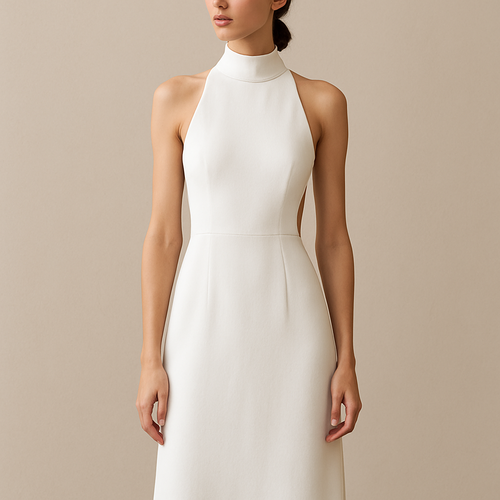 White midi dress
High neck 
No sleeve 
Open Back 
