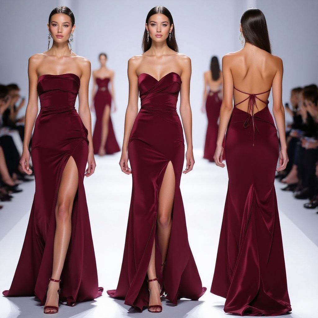 a burgendy dress with a slit and its strapless and its silvery and shiny and the back has a spider legs connecting to the sides of the dress to hold it up
Burgundy silk strapless gown with a high slit, a subtle shimmer, and delicate spider leg-like straps connecting at the back.