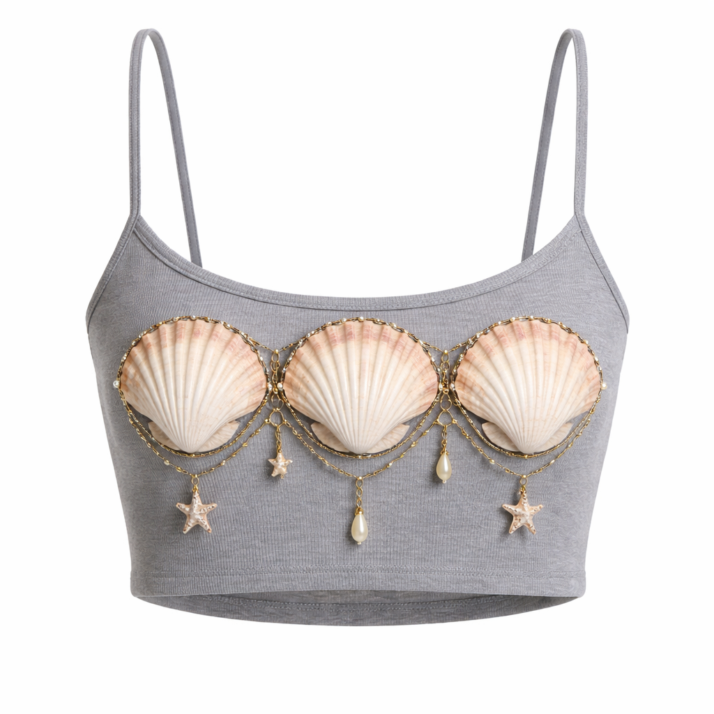 A gray top with three sea shells across the front
A gray top with three sea shells across the front