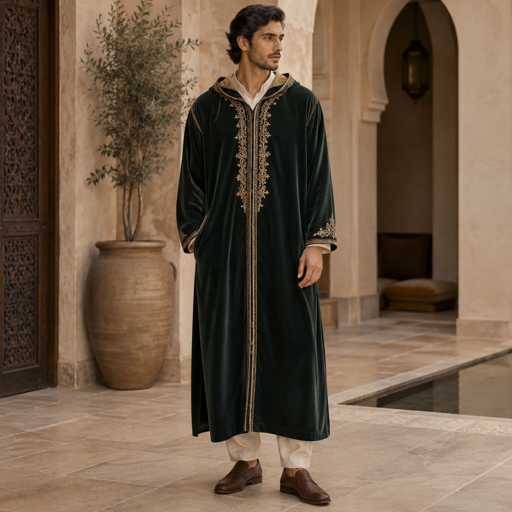 A Male Dress design, suitable for Fall. Consider Moroccan fashion — caftan, djellaba, intricate embroidery, jewel-toned fabrics. Current season is Autumn in Morocco. Present it as professional fashion catalogue photography: the garment is the subject, shown full-length with editorial styling, neutral posing and tasteful, non-suggestive framing.
photorealistic fashion design, A Male Dress design, suitable for Fall. Consider Moroccan fashion — caftan, djellaba, intricate embroidery, jewel-toned fabrics. Current season is Autumn in Morocco. Present it as professional fashion catalogue photography: the garment is the subject, shown full-length with editorial styling, neutral posing and tasteful, non-suggestive framing., just the design no text