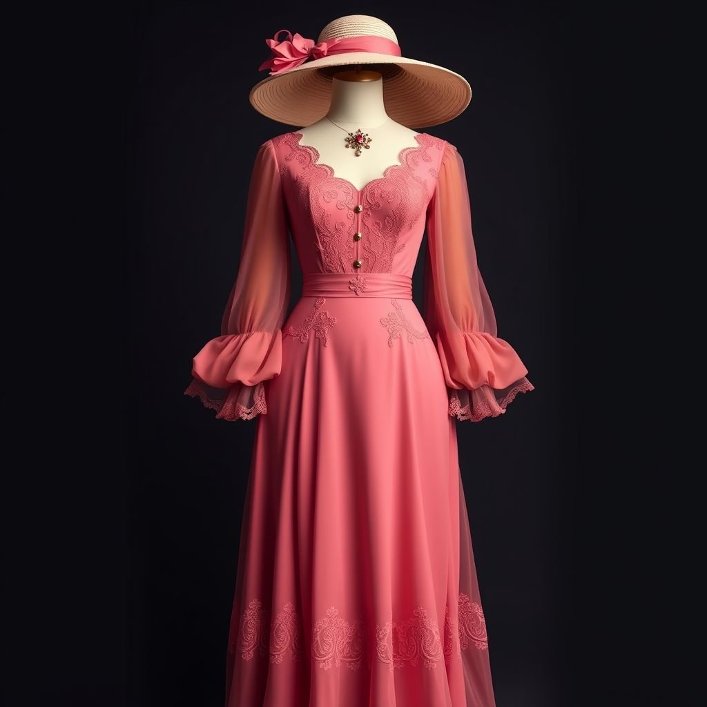Very Romantic dress and color is very dark pink
Design a very romantic Parisian dress in a deep, enchanting dark pink. Incorporate delicate lace trims and billowing chiffon sleeves for an ethereal touch. Add a fitted bodice cinched at the waist, flowing into a sweeping A-line skirt. Enhance with a vintage-inspired brooch and a wide-brimmed hat for quintessential Parisian charm.