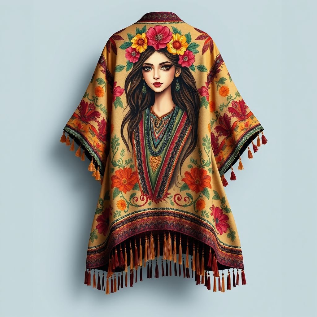 Women's coat with a painting of the head of an Iranian girl with Homa Saadat sitting on it
Create a flowing, knee-length boho-chic coat adorned with a vibrant painting of an Iranian girl, Homa Saadat, with a crown of floral motifs. The coat features intricate embroidery, billowy sleeves, and tassel embellishments. Earthy tones blend with pops of color, evoking wanderlust and celebrating cultural heritage through art.