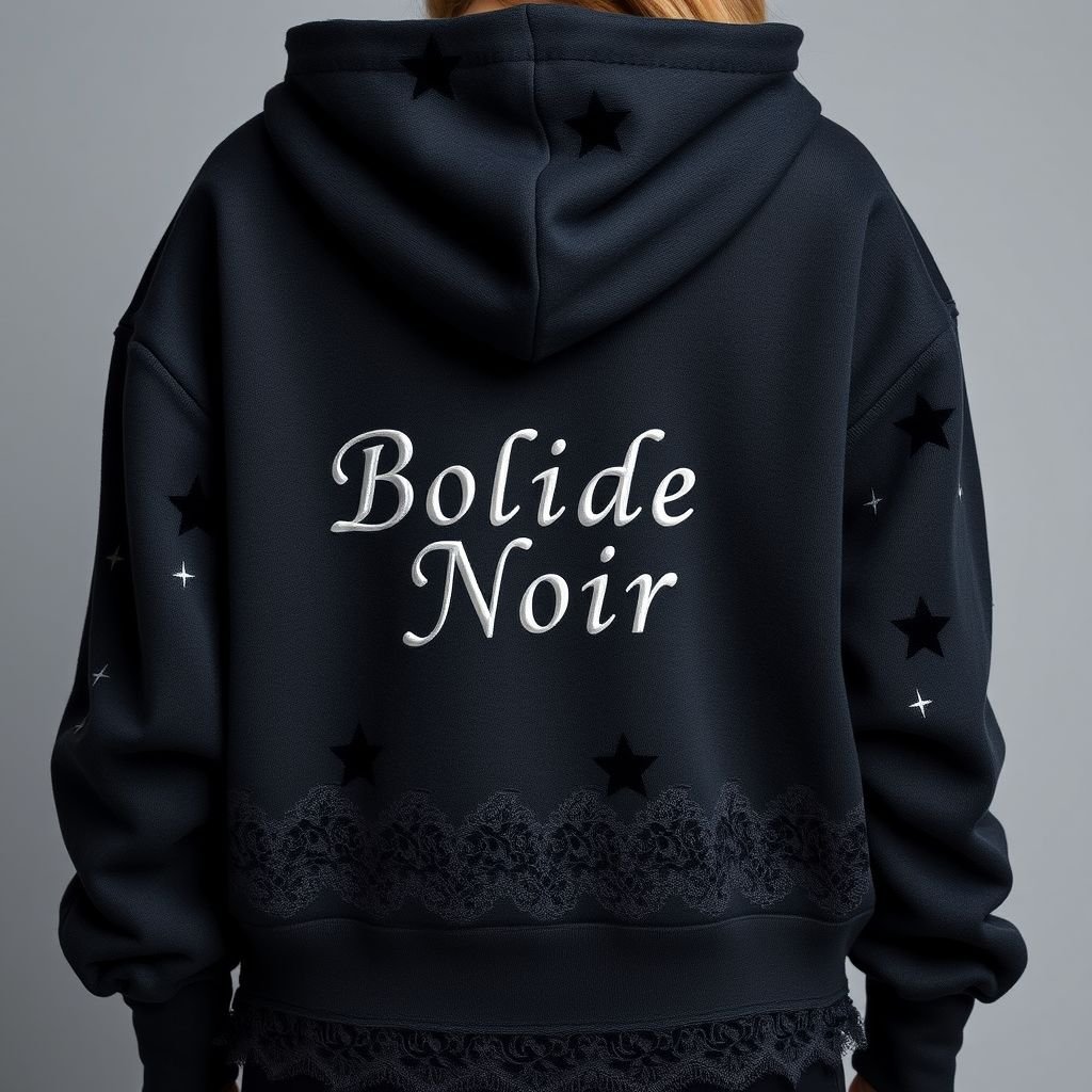 i want a hoodie sweater with the logo " bolide noir" written stylishly on its edge
Envision a luxe hoodie sweater in deep charcoal, featuring an oversized silhouette and intricate lace detailing along the cuffs and hem. The logo "Bolide Noir" elegantly stitched in glossy silver threads accents the edge, while subtle, reflective patterns of shooting stars cascade down the sleeves, merging streetwear with celestial charm.