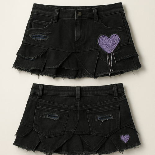 a black cargo mini skirt with rips on the pockets, multiple layers of fabric in geometric shapes, and some denim-colored threads and tears. on the back pocket, there’s a heart-shaped cutout with purple crochet sewn inside and some cotton threads hanging down. it should be low-waisted with pockets, very short, and have small crochet hearts sewn on the sides. the heart bigger and the layers more short and long